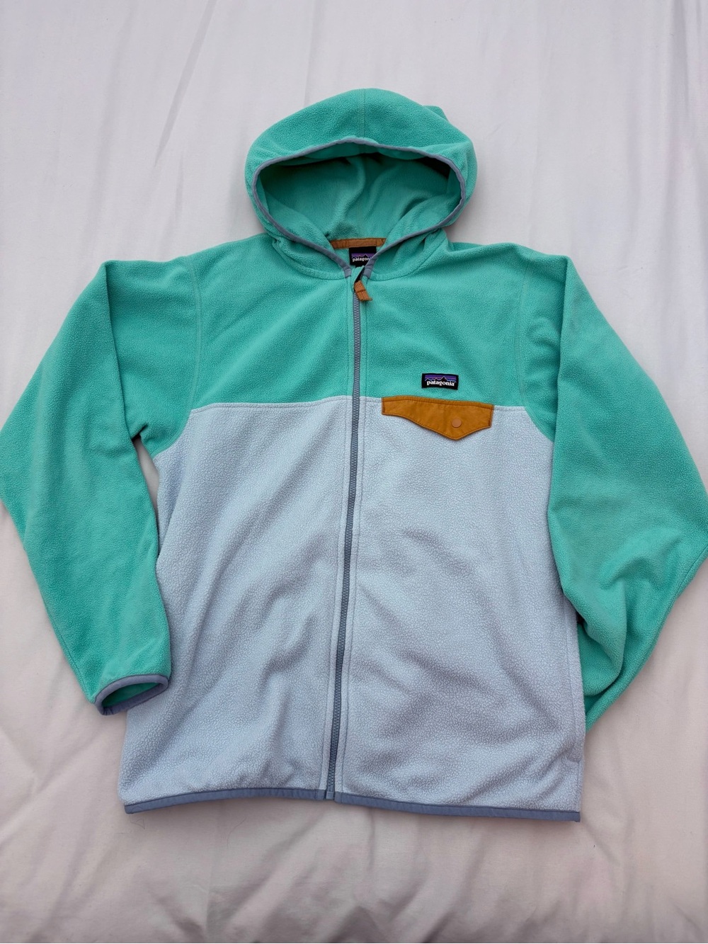Patagonia Kids Mint Green & Light Blue Hooded Fleece Jacket